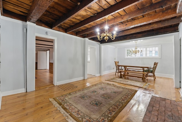 dining space with hardwood / wood-style floors, an inviting chandelier, wooden ceiling, beamed ceiling, and baseboards