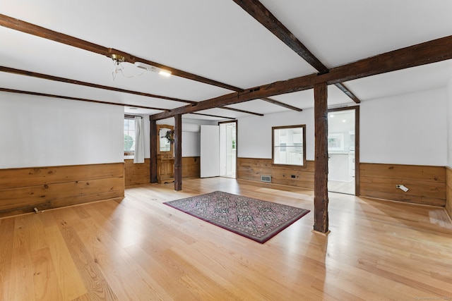 unfurnished living room featuring wood walls, wood finished floors, visible vents, wainscoting, and beam ceiling