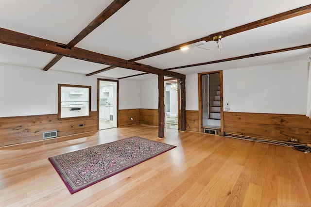 interior space featuring wooden walls, visible vents, beamed ceiling, and wainscoting