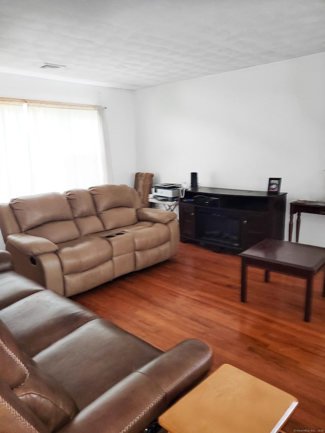 living area featuring visible vents and wood finished floors