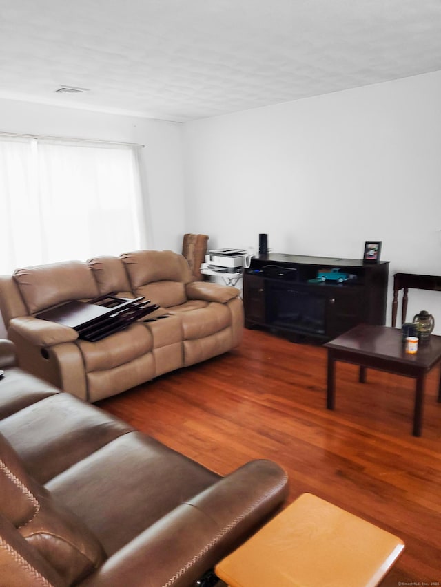 living room featuring wood finished floors and visible vents