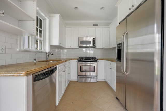 kitchen with crown molding, white cabinetry, stainless steel appliances, and a sink