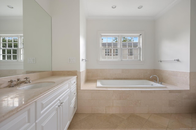 full bathroom featuring ornamental molding, a healthy amount of sunlight, and a garden tub