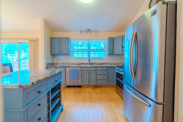 kitchen featuring a wealth of natural light, backsplash, appliances with stainless steel finishes, and a sink