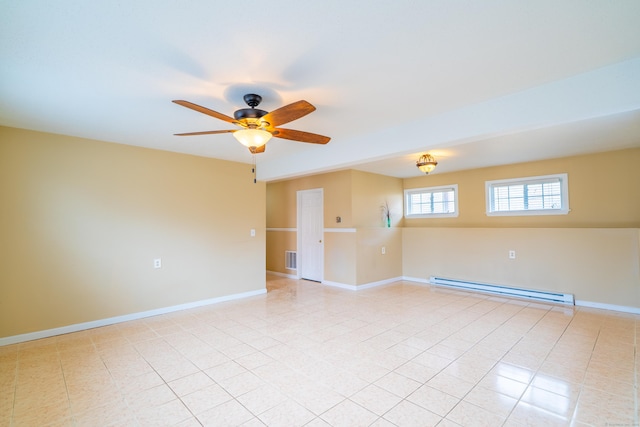 empty room with visible vents, a ceiling fan, light tile patterned flooring, a baseboard radiator, and baseboards