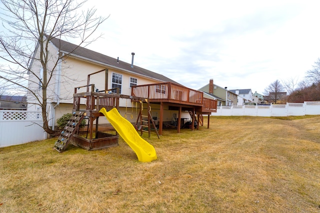 view of playground featuring a fenced backyard and a lawn