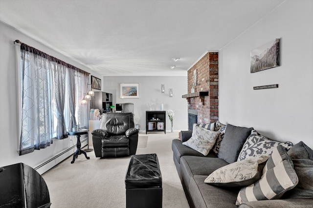 living area with carpet floors, baseboard heating, and a fireplace