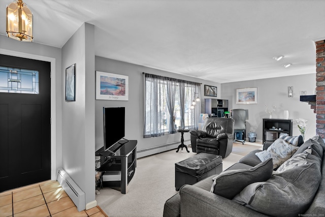 living area featuring light carpet, a baseboard radiator, light tile patterned flooring, and baseboards