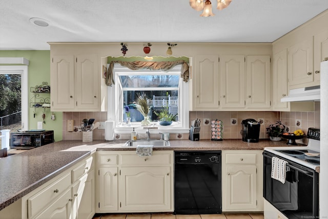 kitchen featuring electric stove, backsplash, a sink, dishwasher, and under cabinet range hood