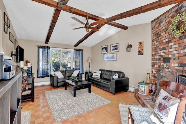 living area with lofted ceiling with beams, a baseboard heating unit, a ceiling fan, and baseboards