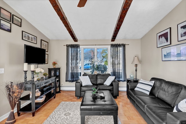 living room featuring a baseboard heating unit, lofted ceiling with beams, baseboards, and a ceiling fan