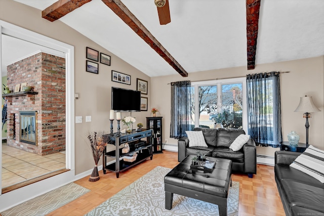 living area with lofted ceiling with beams, a baseboard radiator, a fireplace, baseboards, and baseboard heating