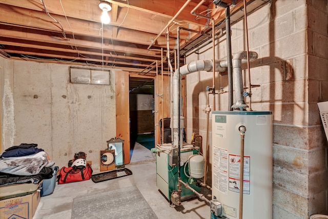 unfinished below grade area with a heating unit and water heater