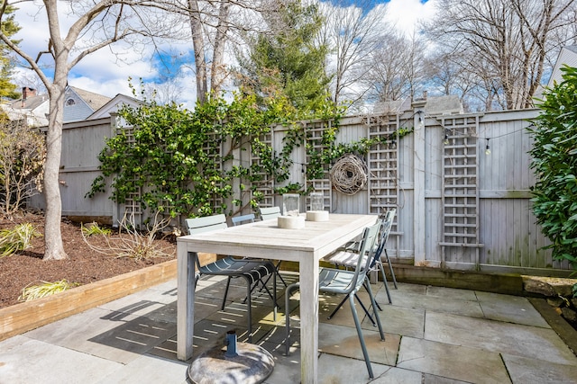 view of patio featuring outdoor dining space and a fenced backyard