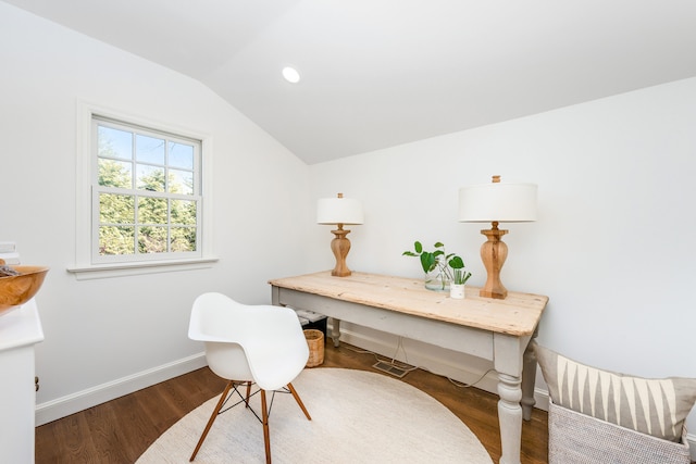 office area with baseboards, vaulted ceiling, wood finished floors, and recessed lighting