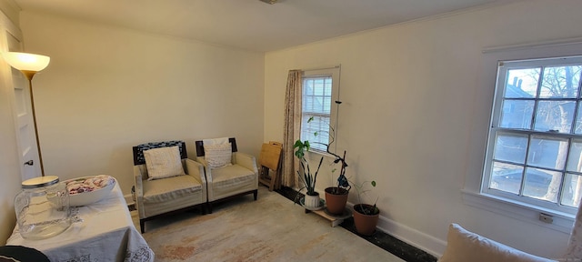 living area featuring ornamental molding, plenty of natural light, and baseboards