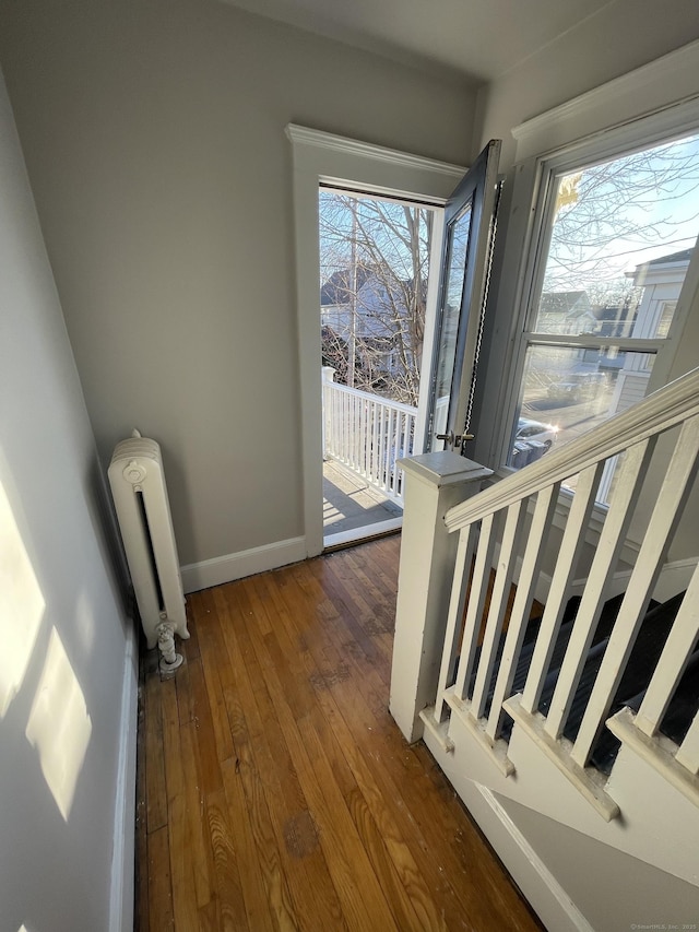 interior space featuring radiator, wood-type flooring, and baseboards