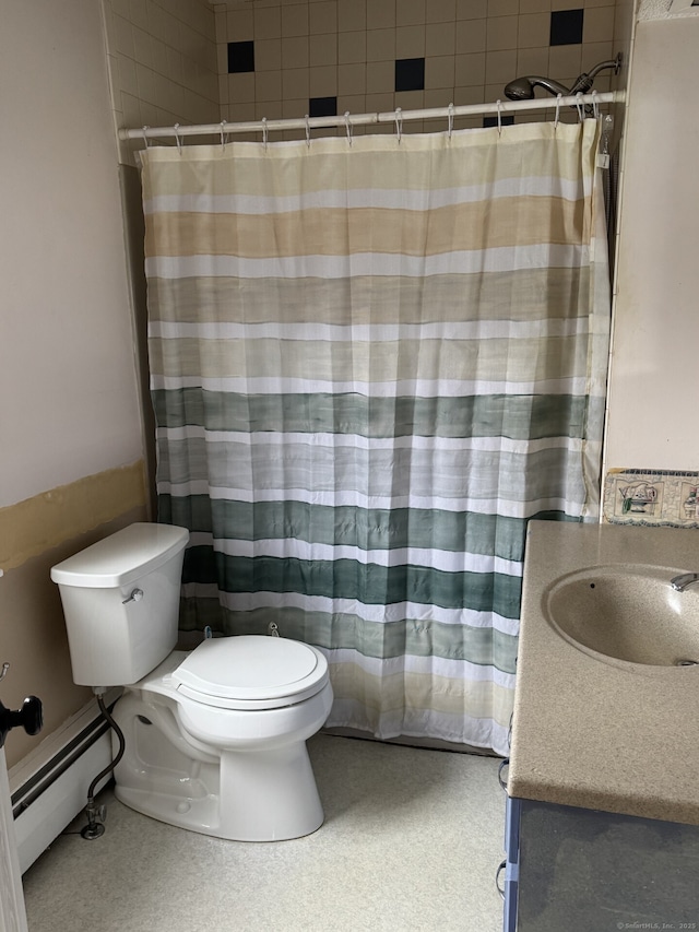 full bathroom featuring a baseboard radiator, curtained shower, vanity, and toilet