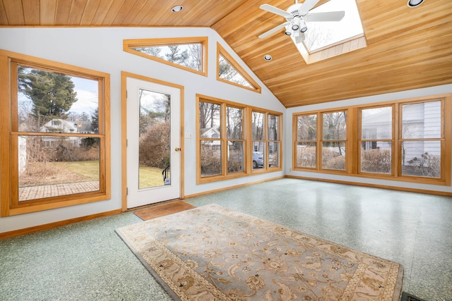 unfurnished sunroom featuring vaulted ceiling with skylight, wooden ceiling, and a ceiling fan