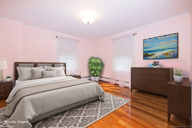 bedroom featuring light wood-style flooring, crown molding, and a baseboard radiator