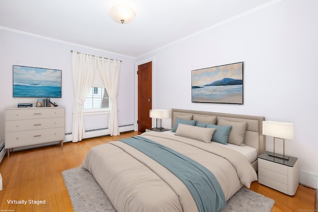 bedroom featuring a baseboard radiator, wood-type flooring, and crown molding