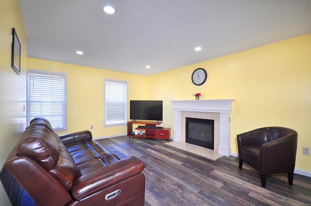 living room with a fireplace, baseboards, wood finished floors, and recessed lighting