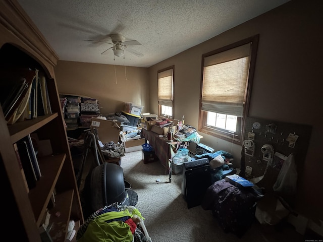 miscellaneous room with a textured ceiling, ceiling fan, and carpet