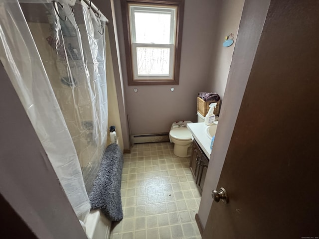 full bath featuring a shower with curtain, toilet, vanity, and baseboard heating