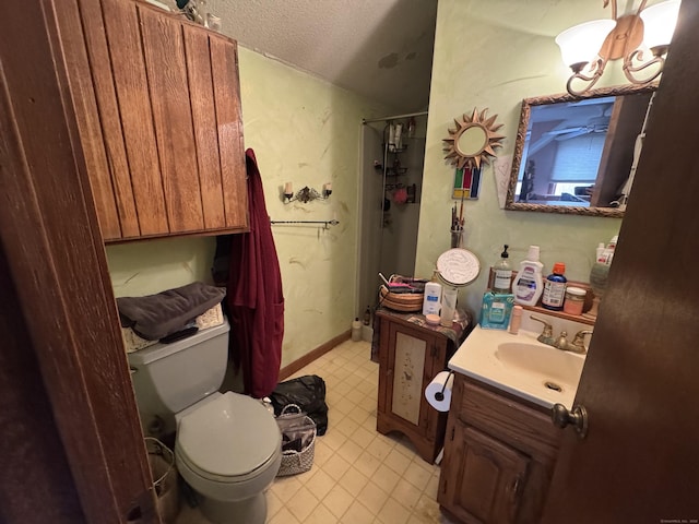 bathroom featuring a shower, toilet, tile patterned floors, a textured ceiling, and a notable chandelier