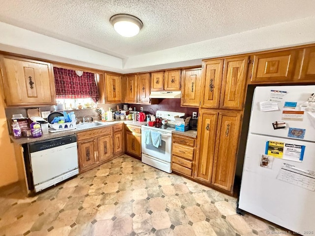 kitchen with under cabinet range hood, white appliances, a sink, light countertops, and brown cabinets