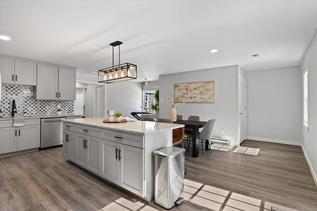 kitchen featuring gray cabinetry, dark wood-style floors, baseboard heating, dishwasher, and tasteful backsplash