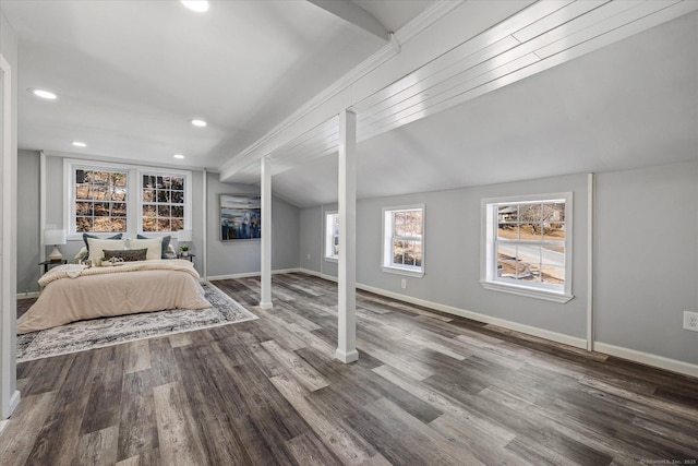 bedroom with lofted ceiling, baseboards, wood finished floors, and recessed lighting