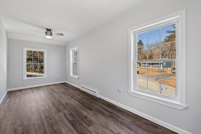 unfurnished room featuring dark wood-type flooring, baseboards, a healthy amount of sunlight, and baseboard heating