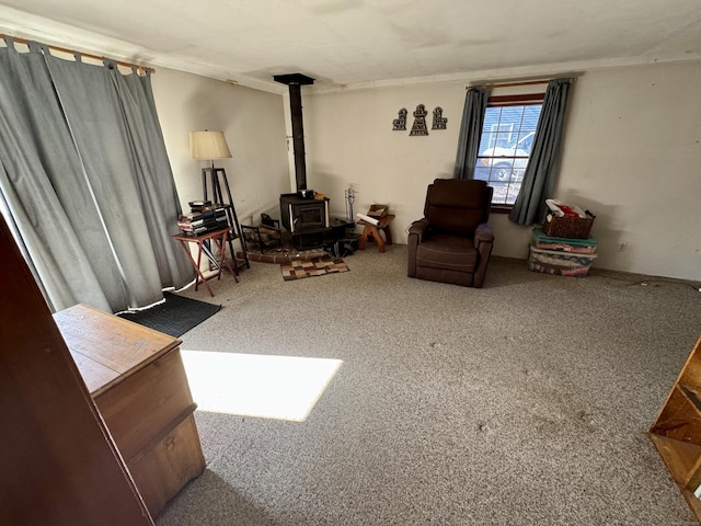 living area with carpet floors and a wood stove