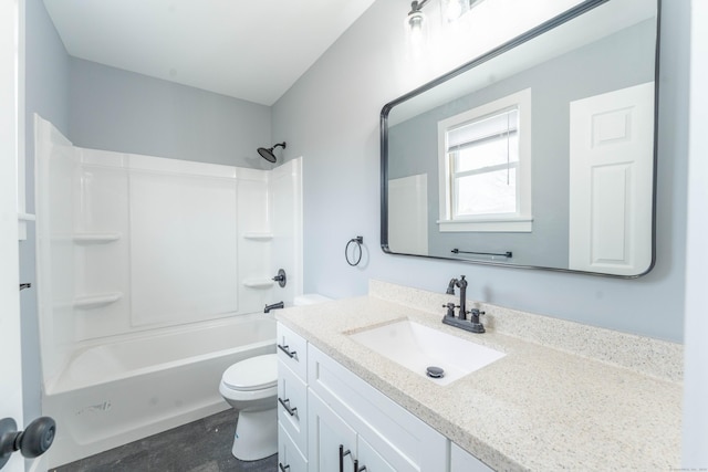 bathroom with toilet,  shower combination, and vanity