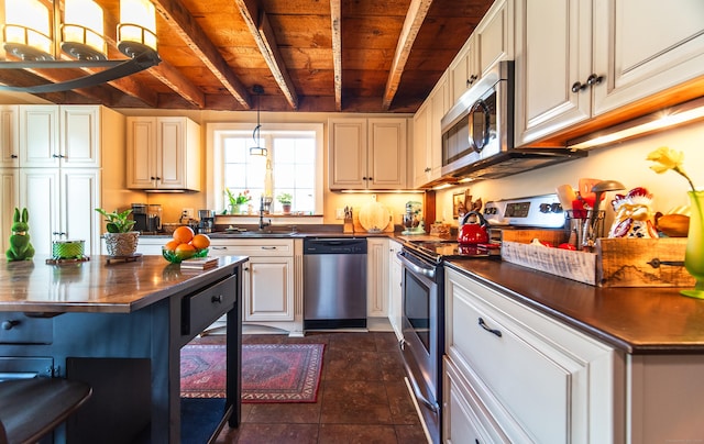 kitchen featuring beamed ceiling, wooden ceiling, hanging light fixtures, stainless steel appliances, and a sink