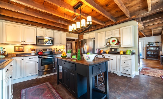 kitchen with a kitchen island, beam ceiling, an inviting chandelier, wood ceiling, and appliances with stainless steel finishes