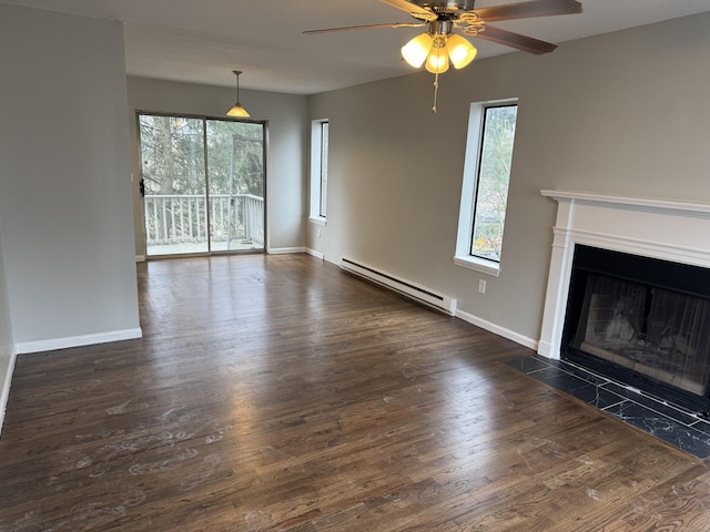 unfurnished living room featuring a baseboard heating unit, a fireplace with flush hearth, dark wood finished floors, and baseboards