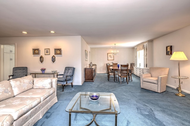 living area featuring a notable chandelier, recessed lighting, dark colored carpet, and baseboards