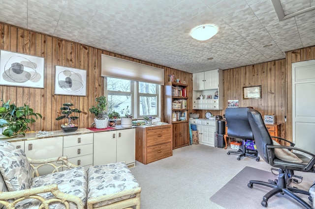 office area featuring light colored carpet and wooden walls