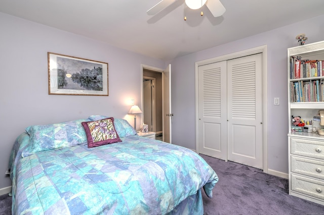 bedroom featuring a closet, carpet flooring, baseboards, and ceiling fan