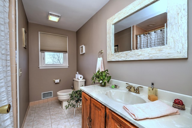 full bath with visible vents, baseboards, toilet, tile patterned floors, and vanity