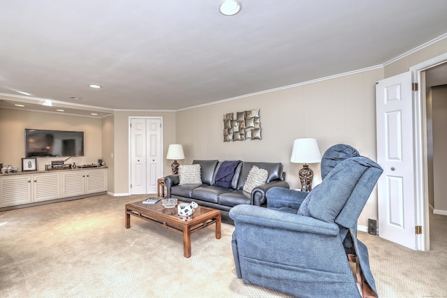 living area with crown molding, recessed lighting, light colored carpet, and baseboards