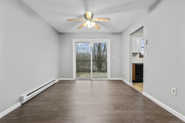 interior space featuring a baseboard radiator, ceiling fan, a textured ceiling, wood finished floors, and baseboards