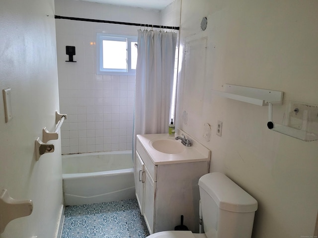 bathroom with toilet, tile patterned floors, shower / bath combo, and vanity