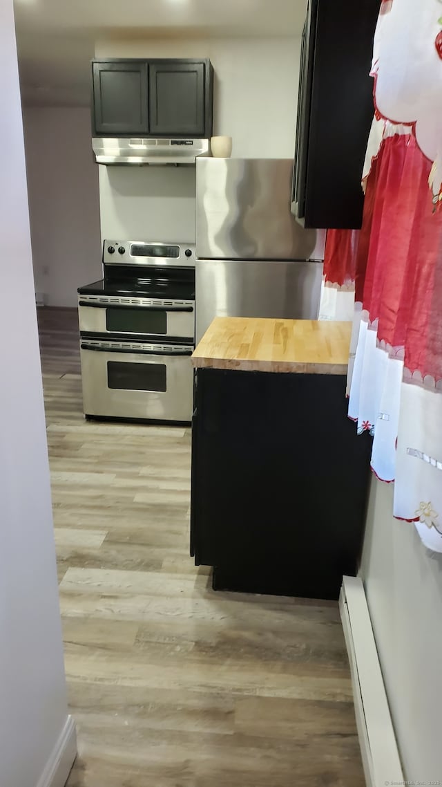 kitchen featuring wooden counters, light wood finished floors, stainless steel appliances, and under cabinet range hood
