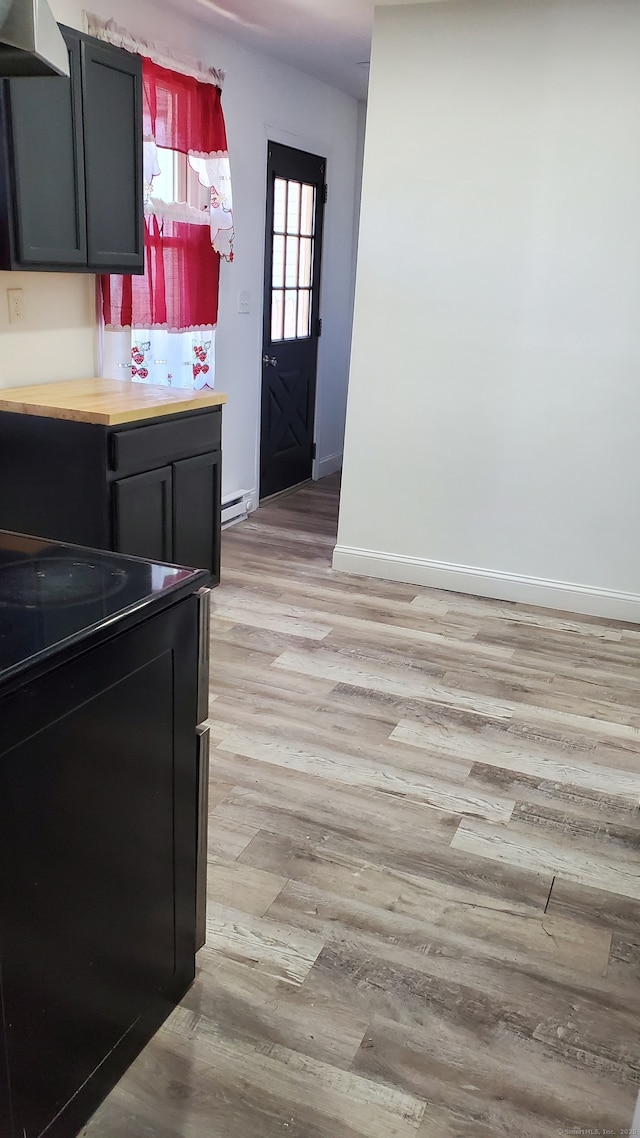 kitchen with baseboards, light wood finished floors, and under cabinet range hood
