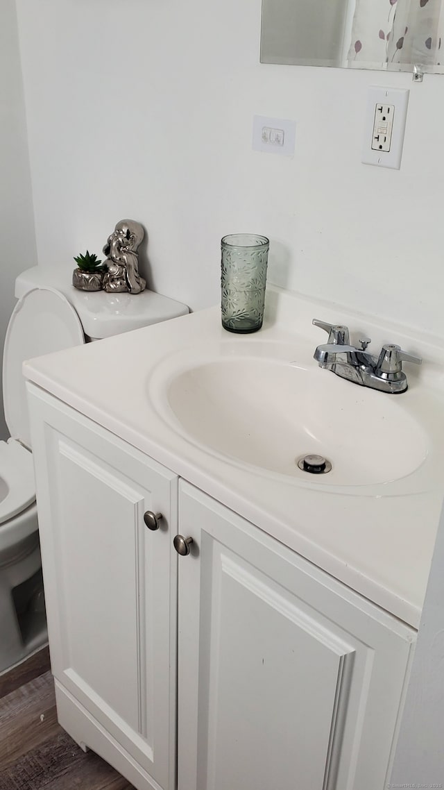 bathroom featuring vanity, toilet, and wood finished floors