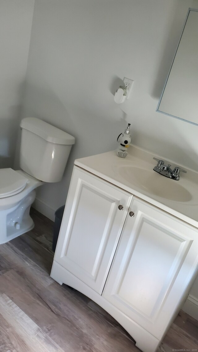 bathroom with toilet, vanity, and wood finished floors