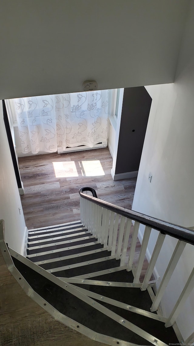 stairs featuring wood finished floors